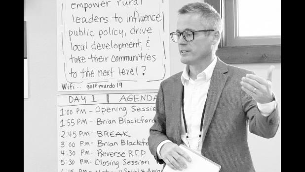 Brian Blackford, a Ball State University professor, spoke to local economic development leaders during a meeting in Murdo, S.D., on Nov. 12, 2025. Photo by Bart Pfankuch