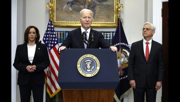 President Joe Biden delivers remarks July 14, 2024, in Washington, D.C., on the assassination attempt on Republican presidential candidate and former President Donald Trump. Biden was joined by Vice President Kamala Harris and Attorney General Merrick Garland. Kevin Dietsch/Getty Images