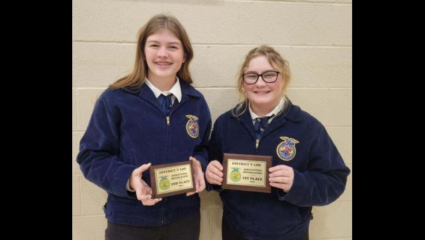 Cheyenne Hendrickson 2nd place in Ag Broadcasting, Kimber Hulm 1st place in Ag Broadcasting. Hendrickson was chosen as the as the District V Student Advisor, Hulm was chosen as the District V Sentinel. Good Job Girls!
