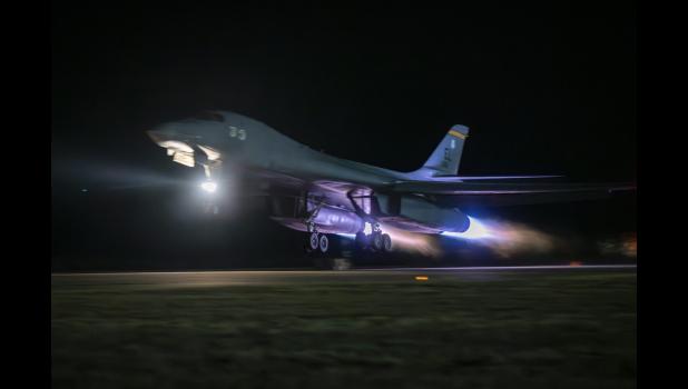A B-1B Lancer from Ellsworth Air Force Base takes off from a runway at Dyess Air Force Base, Texas, on Feb. 1, 2024. Courtesy U.S. Air Force photo by Senior Airman Leon Redfern