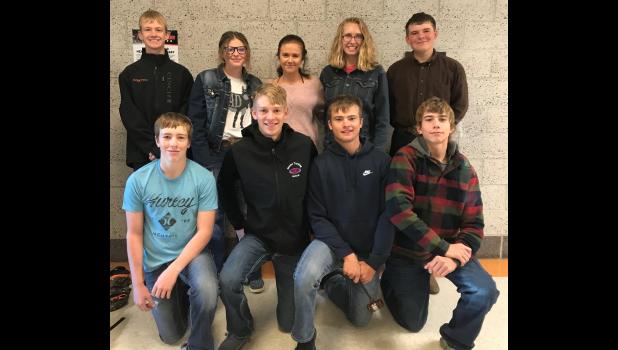FFA Officers ... Back row: Brigg Price-Co-Parliamentarian, Tristan Kennedy-Treasurer, Bridgett Lemmel-Reporter, Billie Kilness-Secretary, and Cord Capp-Historian. Front row: Waycee Nelson-Sentinel, Corbin Mackaben-Vice-President, Ian Arneson-President, Hudson Fischbach-Chaplain and Co-Parliamentarian. Photo courtesy Elke King