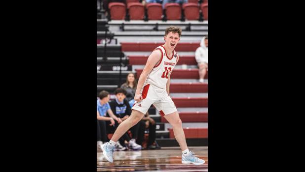 Jackson Schauer, Redshirt Freshman ... was fired up while becoming just the third Chadron State basketball player to sink eight 3-pointers in a game. He was 8-of-11 from long range and finished with a game-high 26 points. Photo courtesy Brodie Eisenbraun