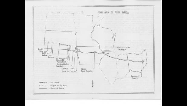 The path of Edward Smith Johnston from southeastern Ohio to Pennington County. Courtesy Mary Lewis