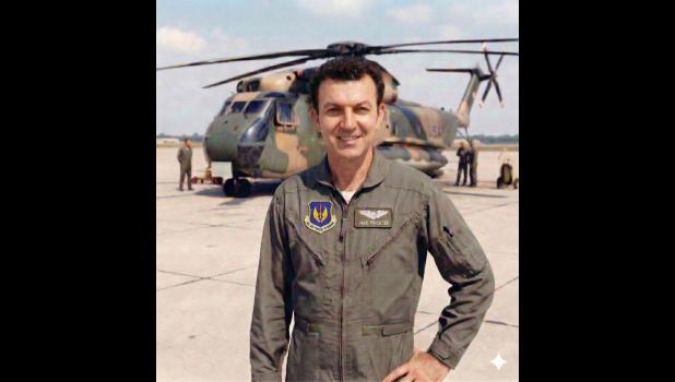 Capt. John G. Piroutek on the flightline, in front of his helicopter.