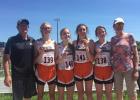 Lady Longhorn track teams placed 3rd in the 4x200 and 5th in the Medley Relay at the State Track Meet this last weekend in Rapid City, So. Dak. The Medley Relay team ran a 4:27.46 and advanced to the finals setting a new school record! Lady Longhorn 4x200 and Medley Relay teams and their coaches pictured above, L to R: Doug Schauer, Robin Kilness, Brooke Lemmel, Mikenzy Miller, Ariah Engel, and Deanna Fischbach. Photo courtesy Amie Schauer
